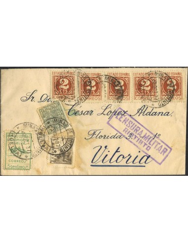 Fiscal. Sobre 815(5), 816. 1937. 2 cts. castaño, cinco sellos, 5 cts. sepia y sellos. RIOTINTO a VITORIA. MAGNIFICA Y RARA.