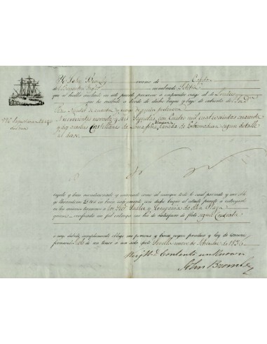 FA1210. DOCUMENTOS. Registro de embarque, buque Letitia. 1836, Sevilla a Londres