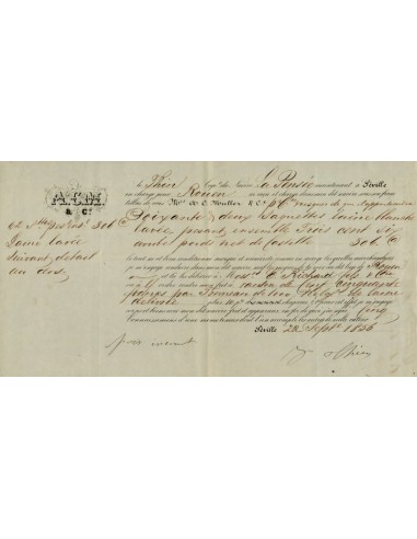 FA1222. DOCUMENTOS. Registro de embarque, buque La Pensee. 1856, Sevilla a Rouen (Francia)