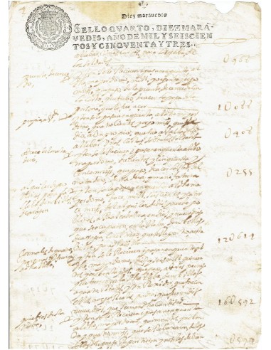 FA7643. TIMBROLOGIA. 1653. Manuscrito, papel sellado o timbrado, Sello Cuarto (4º) 10 Maravedis