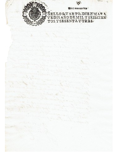 FA7645. TIMBROLOGIA. 1663. Manuscrito, papel sellado o timbrado, Sello Cuarto (4º) 10 Maravedis