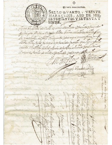 FA7649. TIMBROLOGIA. 1777. Manuscrito, papel sellado o timbrado, Sello Cuarto (4º) 20 Maravedis
