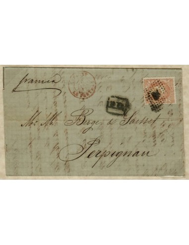 FA1563. HISTORIA POSTAL. 1870, pieza postal circulada de Madrid a Perpiñan