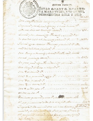FA7667. TIMBROLOGIA. 1816. Manuscrito, papel sellado o timbrado, Sello Cuarto (4º) 40 Maravedis