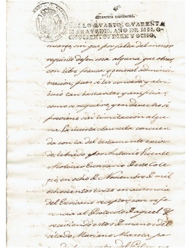 FA7668. TIMBROLOGIA. 1818. Manuscrito, papel sellado o timbrado, Sello Cuarto (4º) 40 Maravedis