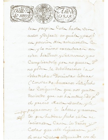 FA7669. TIMBROLOGIA. 1819. Manuscrito, papel sellado o timbrado, Sello Cuarto (4º) 40 Maravedis