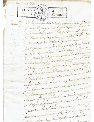 FA7670. TIMBROLOGIA. 1824. Manuscrito, papel sellado o timbrado, Sello de Oficio 4 Maravedis