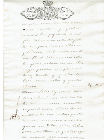 FA7671. TIMBROLOGIA. 1826. Manuscrito, papel sellado o timbrado, Sello Cuarto (4º) 40 Maravedis