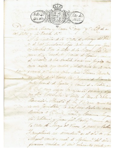FA7672. TIMBROLOGIA. 1827. Manuscrito, papel sellado o timbrado, Sello Cuarto (4º) 40 Maravedis