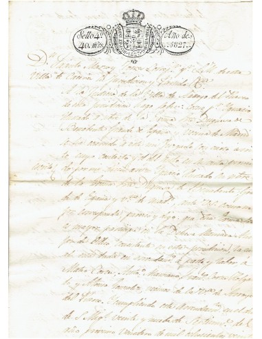 FA7673. TIMBROLOGIA. 1827. Manuscrito, papel sellado o timbrado, Sello Cuarto (4º) 40 Maravedis