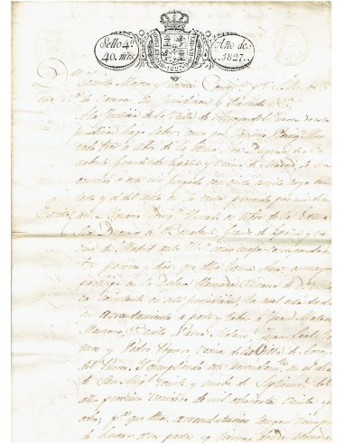 FA7674. TIMBROLOGIA. 1827. Manuscrito, papel sellado o timbrado, Sello Cuarto (4º) 40 Maravedis