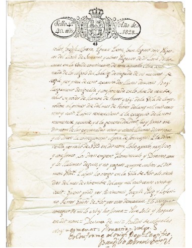 FA7675. TIMBROLOGIA. 1828. Manuscrito, papel sellado o timbrado, Sello Cuarto (4º) 40 Maravedis