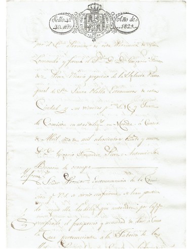 FA7676. TIMBROLOGIA. 1829. Manuscrito, papel sellado o timbrado, Sello Cuarto (4º) 40 Maravedis
