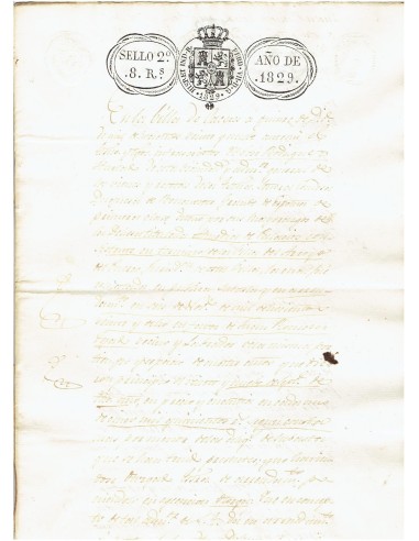 FA7677. TIMBROLOGIA. 1829. Manuscrito, papel sellado o timbrado, Sello (2º) 8 Reales