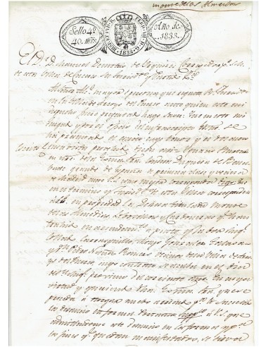 FA7682. TIMBROLOGIA. 1833. Manuscrito, papel sellado o timbrado, Sello Cuarto (4º) 40 Maravedis
