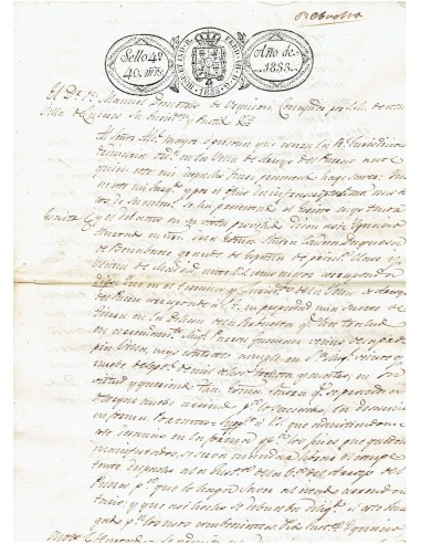 FA7685. TIMBROLOGIA. 1833. Manuscrito, papel sellado o timbrado, Sello Cuarto (4º) 40 Maravedis
