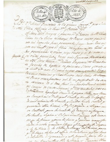FA7686. TIMBROLOGIA. 1833. Manuscrito, papel sellado o timbrado, Sello Cuarto (4º) 40 Maravedis