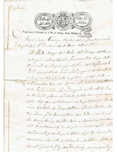 FA7690. TIMBROLOGIA. 1834. Manuscrito, papel sellado o timbrado, Sello Cuarto (4º) 40 Maravedis