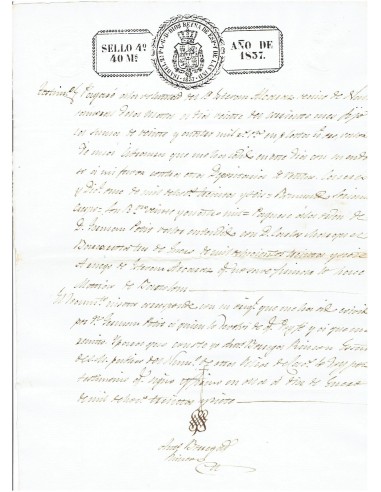 FA7696. TIMBROLOGIA. 1837. Manuscrito, papel sellado o timbrado, Sello Cuarto (4º) 40 Maravedis