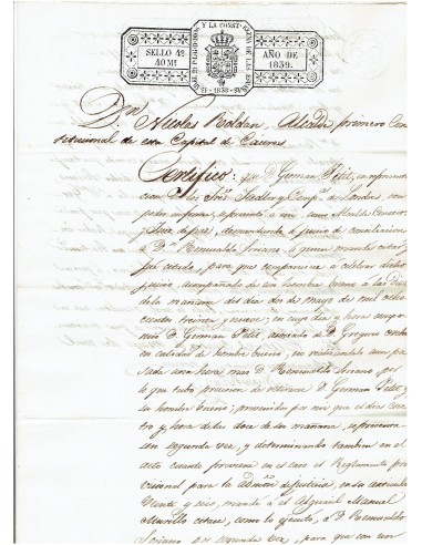 FA7700. TIMBROLOGIA. 1839. Manuscrito, papel sellado o timbrado, Sello Cuarto (4º) 40 Maravedis