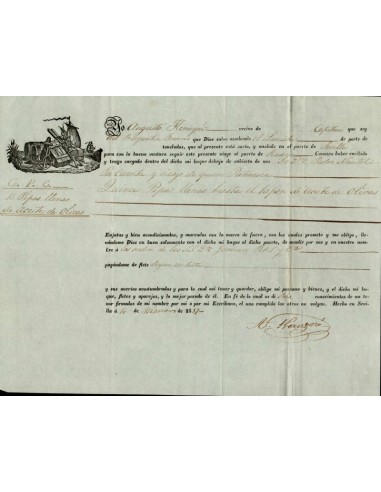 FA1250. DOCUMENTOS. Registro de embarque, buque El Lanista. 1837, Sevilla a Rouen (Francia)