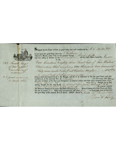 FA1259. DOCUMENTOS. Registro de embarque, buque Protherve. 1845, Sevilla a Londres