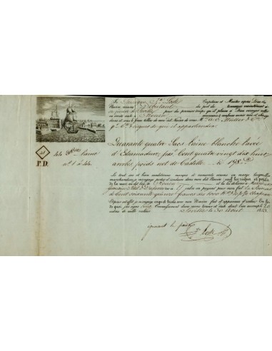 FA1304. DOCUMENTOS. Registro de embarque, buque Debutant. 1843, Sevilla a Rouen