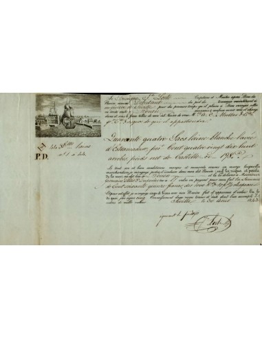 FA1305. DOCUMENTOS. Registro de embarque, buque Debutant. 1843, Sevilla a Rouen