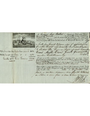 FA1308. DOCUMENTOS. Registro de embarque, buque Lainiste. 1843, Sevilla a Rouen