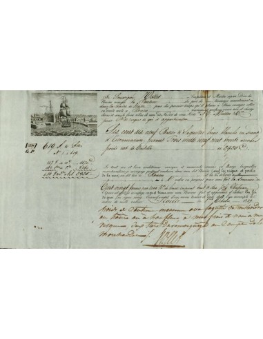 FA1317. DOCUMENTOS. Registro de embarque, buque La Pauline. 1839, Sevilla a Rouen