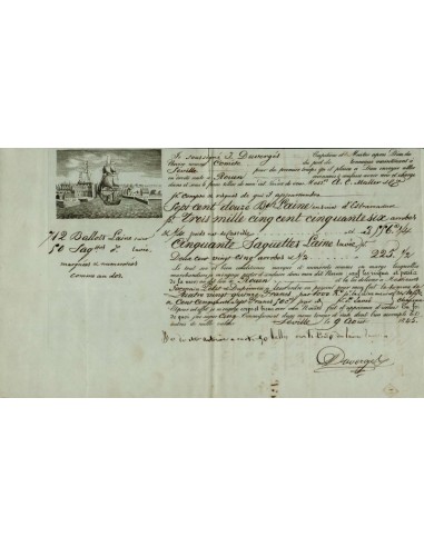 FA1319. DOCUMENTOS. Registro de embarque, buque Lainiste. 1845, Sevilla a Rouen