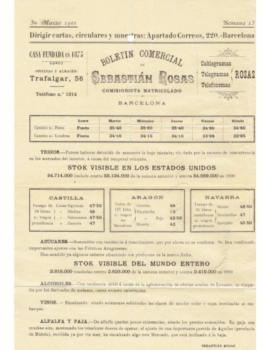FA1434. DOCUMENTOS. 1901, Boletin comercial de Barcelona a Granada