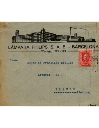 FA1742. HISTORIA POSTAL. Emisión de diciembre de 1922, Barcelona a Blanes
