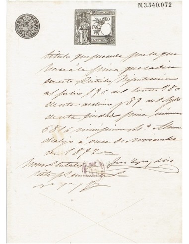 FA7760. TIMBROLOGIA. 1892. Manuscrito, papel sellado o timbrado, Sello 12º - 75 centimos de peseta