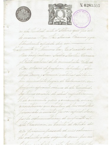 FA7764. TIMBROLOGIA. 1895. Manuscrito, papel sellado o timbrado, Sello 12º - 75 centimos de peseta