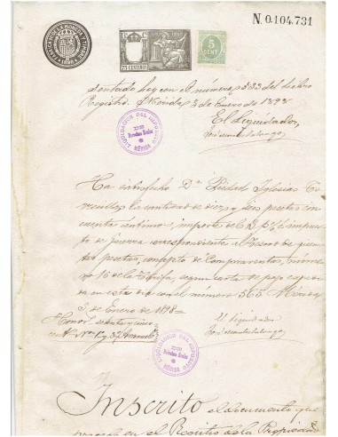 FA7766. TIMBROLOGIA. 1898. Manuscrito, papel sellado o timbrado, Sello 12º - 75 centimos de peseta