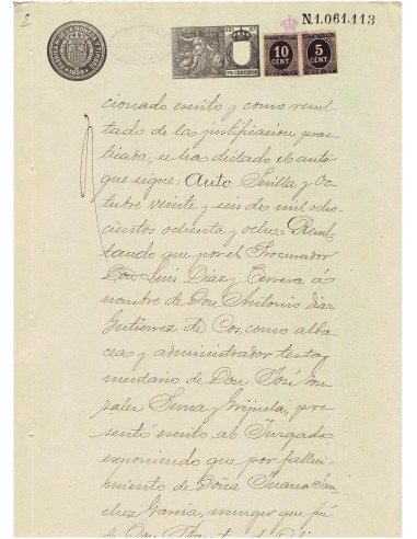 FA7771. TIMBROLOGIA. 1899. Manuscrito, papel sellado o timbrado, Sello 13º - 75 centimos de peseta