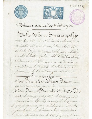 FA7777. TIMBROLOGIA. 1902. Manuscrito, papel sellado o timbrado, Sello 11º - 1 peseta