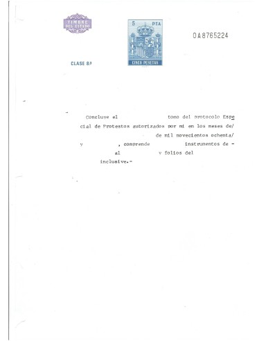 FA7812. TIMBROLOGIA. Papel oficial con timbre del Estado clase 8 para poliza de 5 pesetas