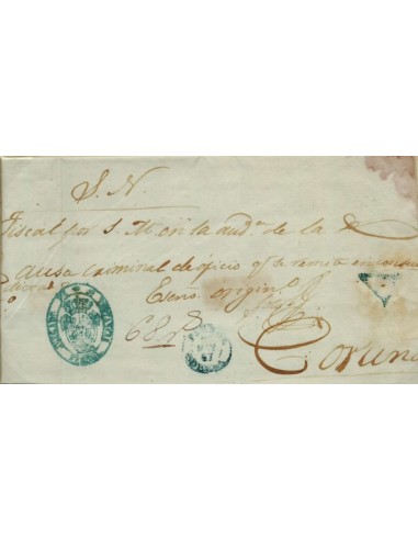 FA1042A, PREFILATELIA. 1857, Frontal de plica de Ferrol a Coruña con marca de ABONO de Ferrol, RAREZA RR