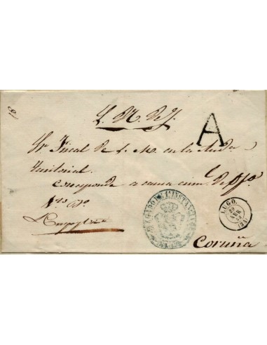 FA1043A, PREFILATELIA. 1858, Envuelta de Plica Judicial de Lugo a Coruña con marca de ABONO de Lugo