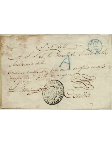 FA1043B, PREFILATELIA. 1856, Envuelta de Plica Judicial de Villalba a Coruña con marca de ABONO de Lugo