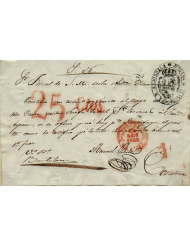 FA1045A, PREFILATELIA. 1852, Redondela a Coruña con marca de ABONO de Pontevedra
