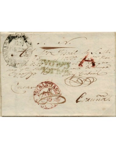 FA1059B, PREFILATELIA. 1849, Caldas de Reyes a Coruña con marca de ABONO de Santiago de Compostela