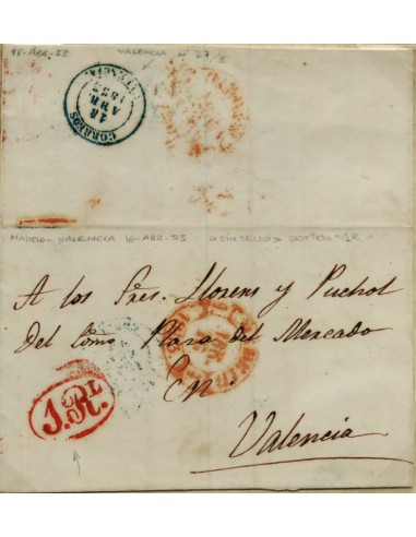 FA1131A, PREFILATELIA. 1853, 18 de abril. Sobrescrito circulado de Madrid a Valencia