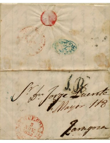 FA1133B, PREFILATELIA. 1852, 4 de noviembre. Sobrescrito circulado de Huesca a Zaragoza. Rareza RR
