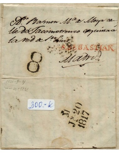 FA0785F, PREFILATELIA. 1817, 16 de junio. Sobrescrito circulado de San Sebastián a Madrid, Rareza RRR de Madrid