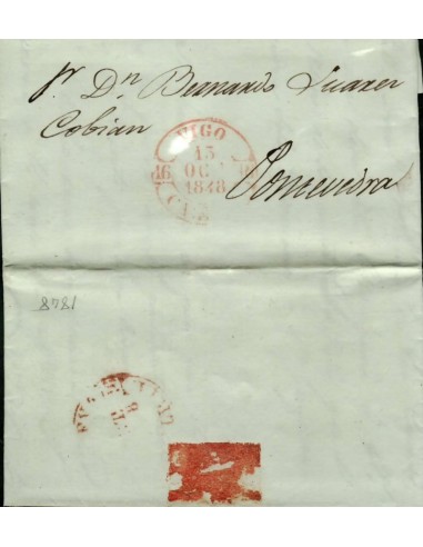 FA1793A, PREFILATELIA. 1848, 13 de octubre. Sobrescrito circulado de Vigo a Pontevedra