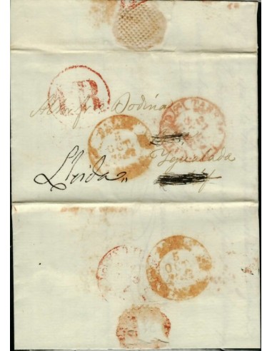FA1797, PREFILATELIA. 1845, 21 de septiembre. Sobrescrito circulado de Tarragona a Calaf y reexpedido a Lérida