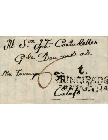 FA0842H, PREFILATELIA. 1787, 26 de agosto. Sobrescrito circulado postalmente desde Tremp a Calaf. Rareza RR